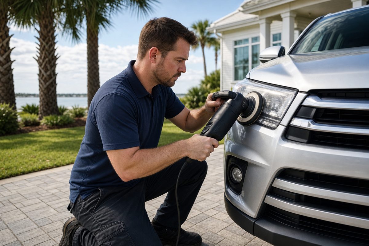 Technician polishing a headlight lens on a silver SUV in a driveway